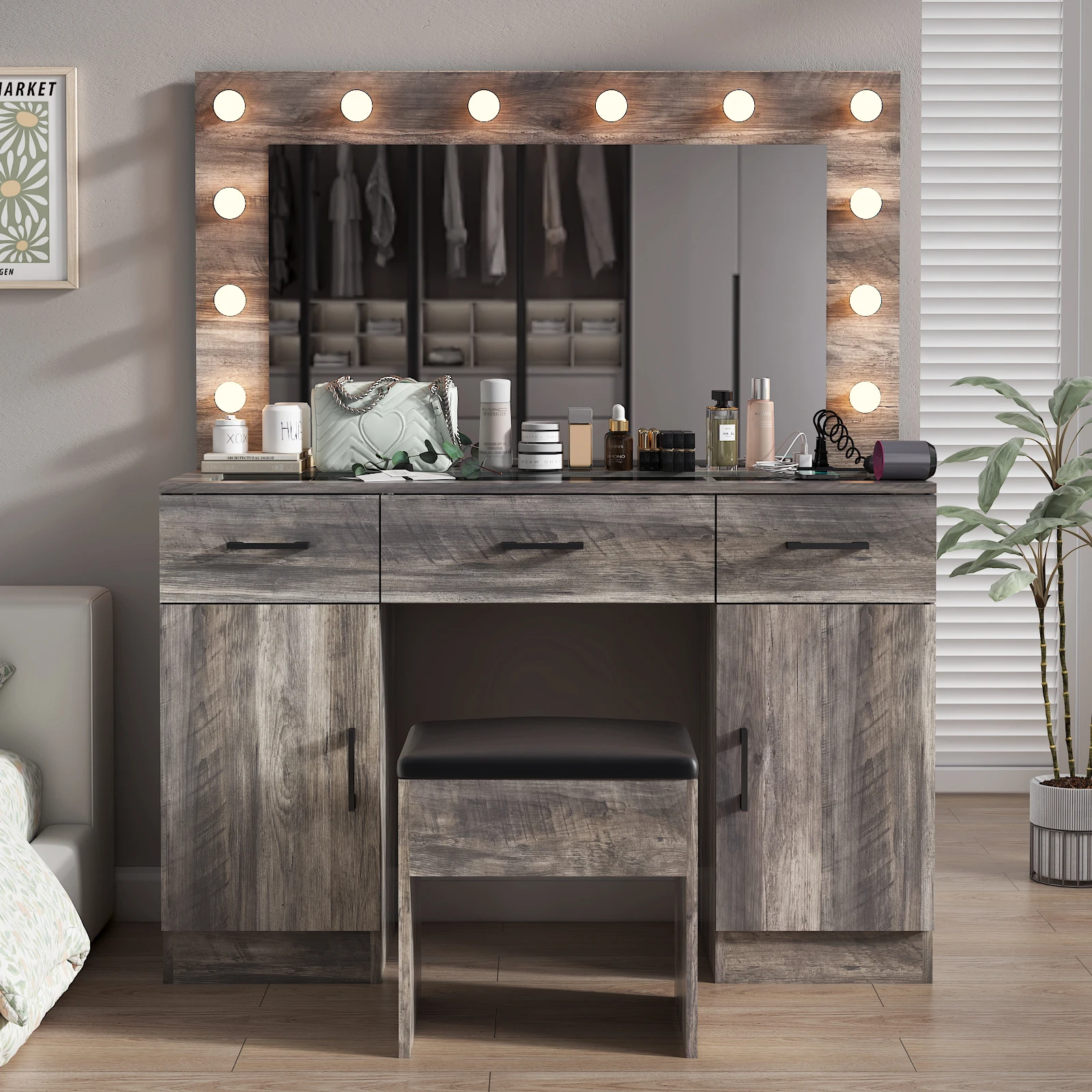 Vanity Desk Set with Large Lighted Mirror and Powre Outlet, Glass Top Makeup Vanity with 3 Drawers and 2 Cabinets, Vanity Table