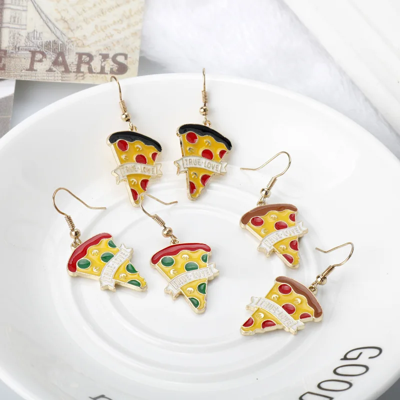 A pair of simulated food pizza earrings, with oil dripping technology for brighter colors