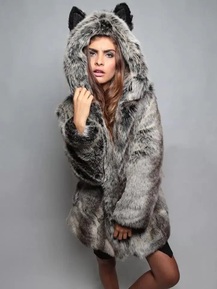 

Like Wolf Artificial Fox Fur Coat Cartoon Ear Hooded Faux Rabbit Fur Coats h Jacket Faux Fur Hood Animal Hat Women Outwear