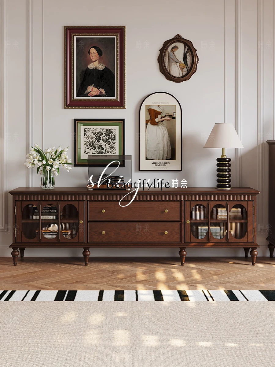 

02 TV cabinet American retro all solid wood medium ancient French high foot