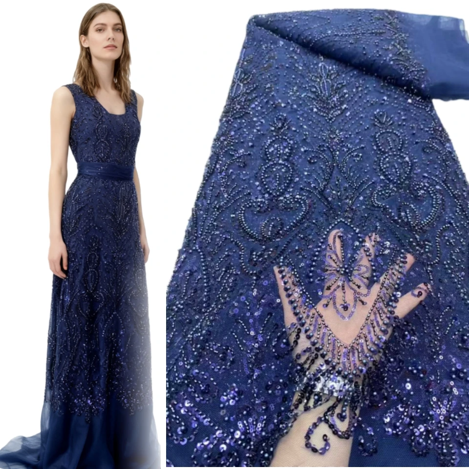 Luxury 13 Colors High Quality Beads French Tulle Net Sequins Lace Fabric African 5 Yards for Women Wedding Party Dress CC1772