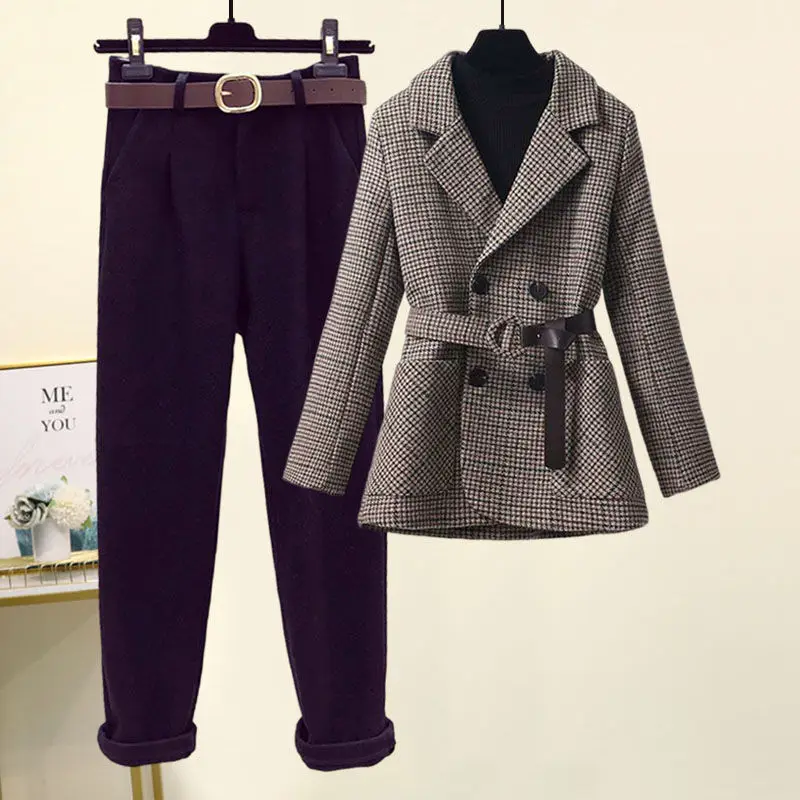 Korean Style Belt Decoration Vintage Jacket Blazer Flocked Casual Pants Two-piece Elegant Women\'s Office Pants Suit