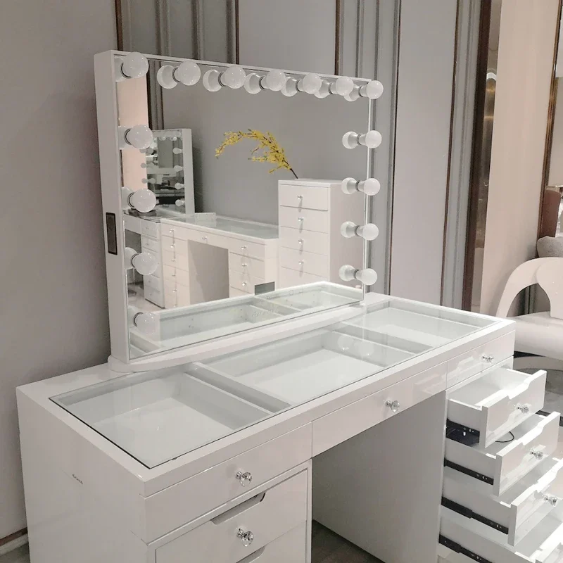 Modern Home Furniture White Glass Bedroom Dressing Table Makeup Dressing Table with Mirror