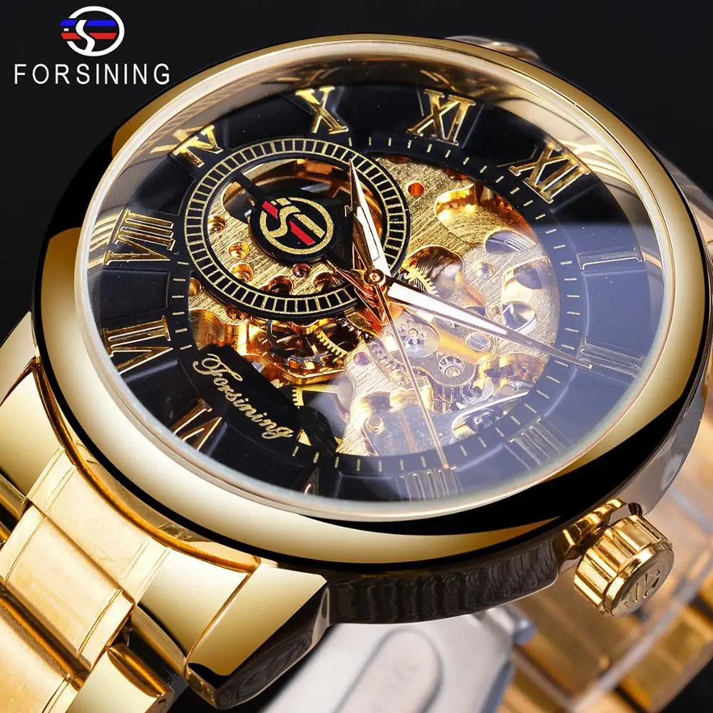 Fashion Forsining Top Brand Full Stainless Luxury Golden Steel Men's Casual Hollowed Out Handwinder Mechanical Business Watches