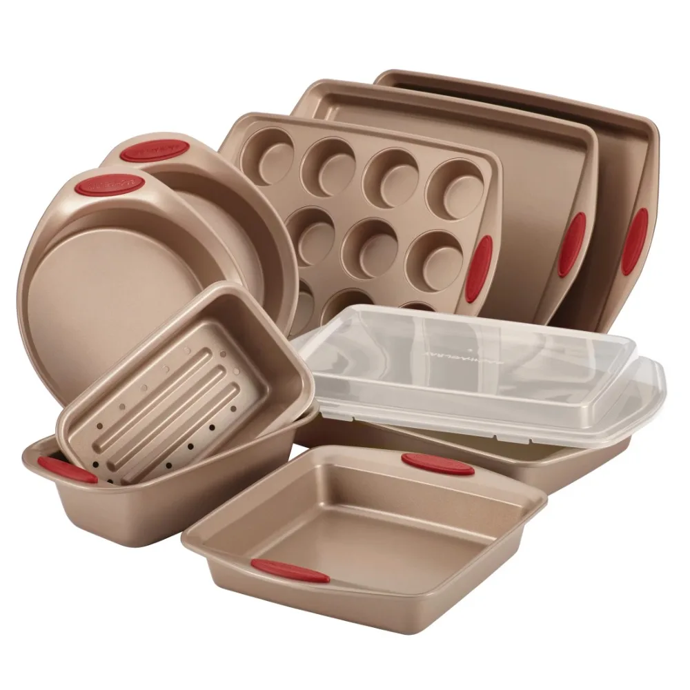 2023 Rachael Ray 10-Piece Cucina Nonstick Bakeware Set, Brown with Red Handles