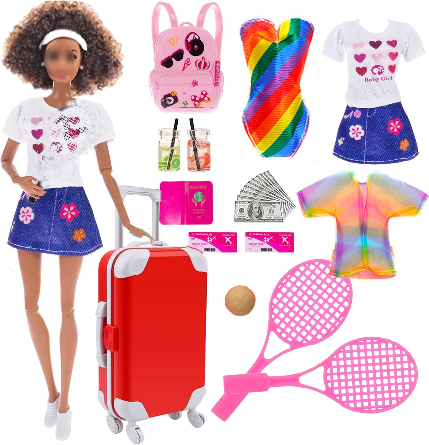 Suitcase Doll Clothes and Accessories Travel Suitcase Luggage Backbag Skateboard Tennis Play Set Toys for 11.5 inch Girl Dolls (