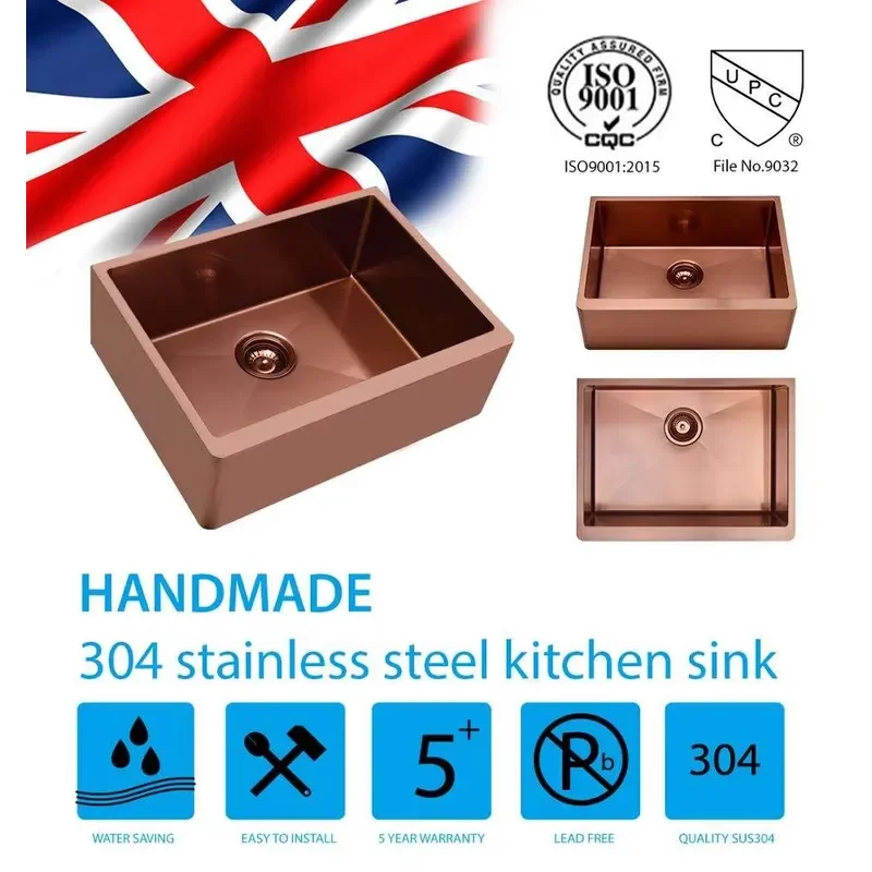 CUPC Farmhouse Apron Single Sink PVD Copper-Toned 304 Stainless Steel Kitchen Sink Meiao Brand Retro & Durable for Kitchens