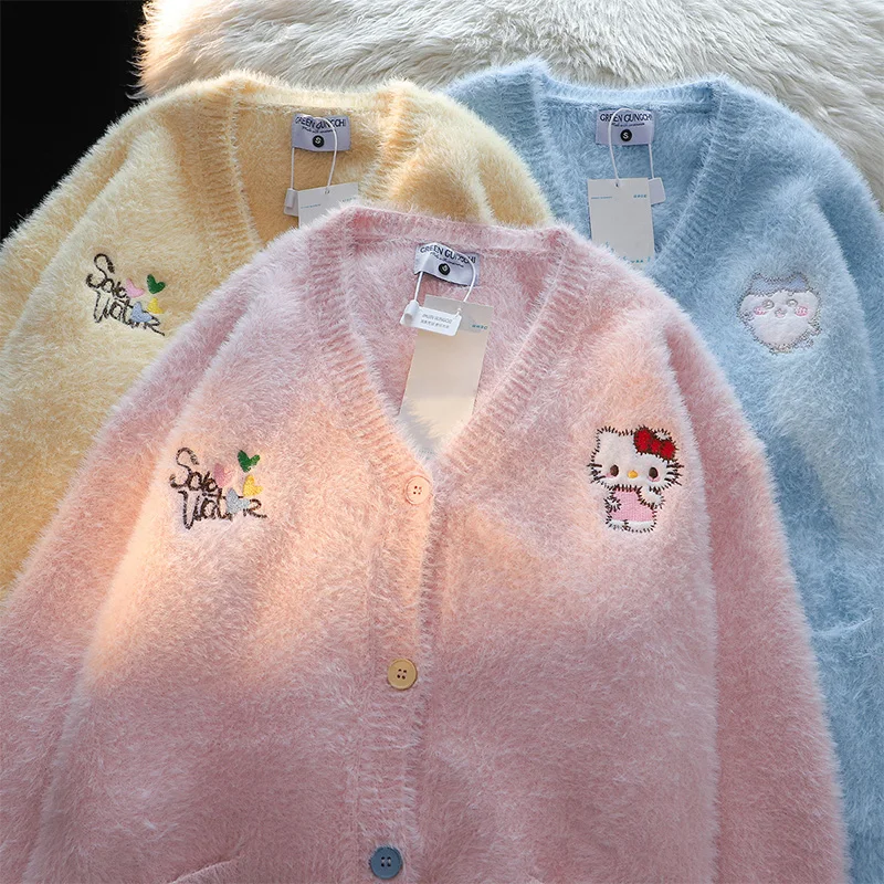 Sanrio Hello Kitty Cardigan for Women Pink Single Breasted Long Sleeve Sweater Plush Warm Ladies Tops Fashionable Loose Jacket