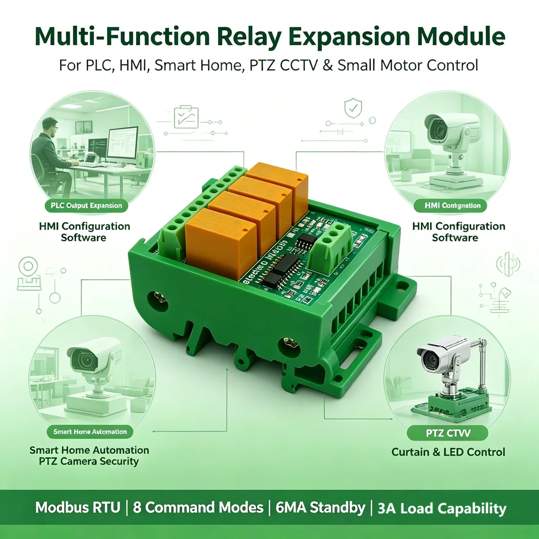 4CH DC12V 24V Modbus RTU RS485 Relay Module DIN Rail 3A PLC Expansion Smart Home CCTV Curtain LED Motor Controller