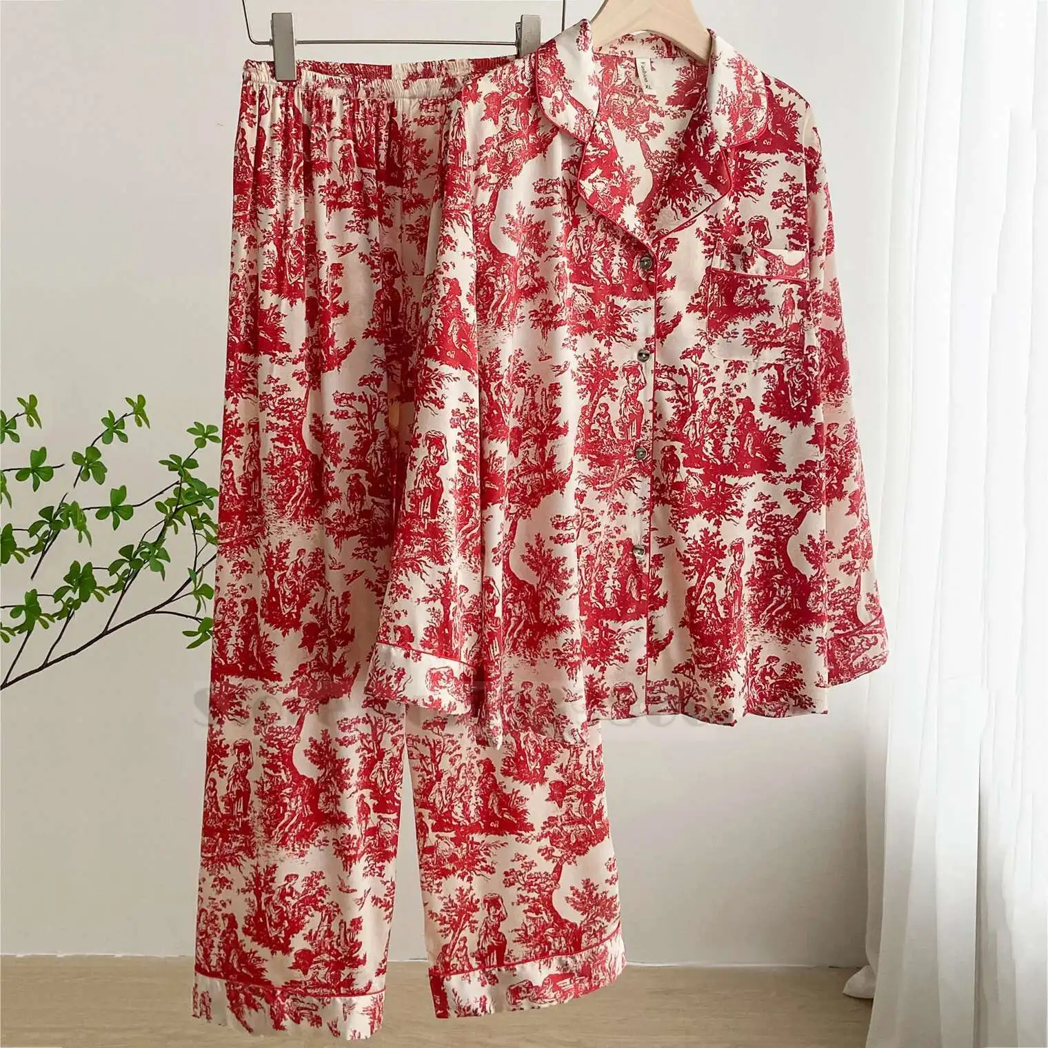 Moda vermelho impressão flor pijamas conjunto feminino pijamas primavera superior calças ternos lounge wear solto cetim homewear pijamas terno