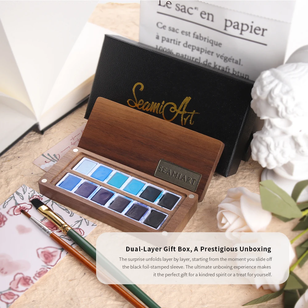 SeamiArt-Juego de acuarelas sólidas profesionales, glaciers de 12 colores, tono azul, con caja de pintura de nogal, paleta para suministros de arte