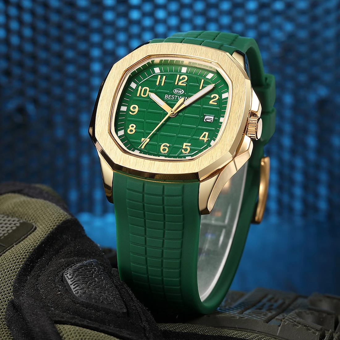 Luxury Men Watch Square Green Gold Dial Men\'s Quartz Sports Wristwatch Rubber Strap Watches Business Man Stainless Steel Clock