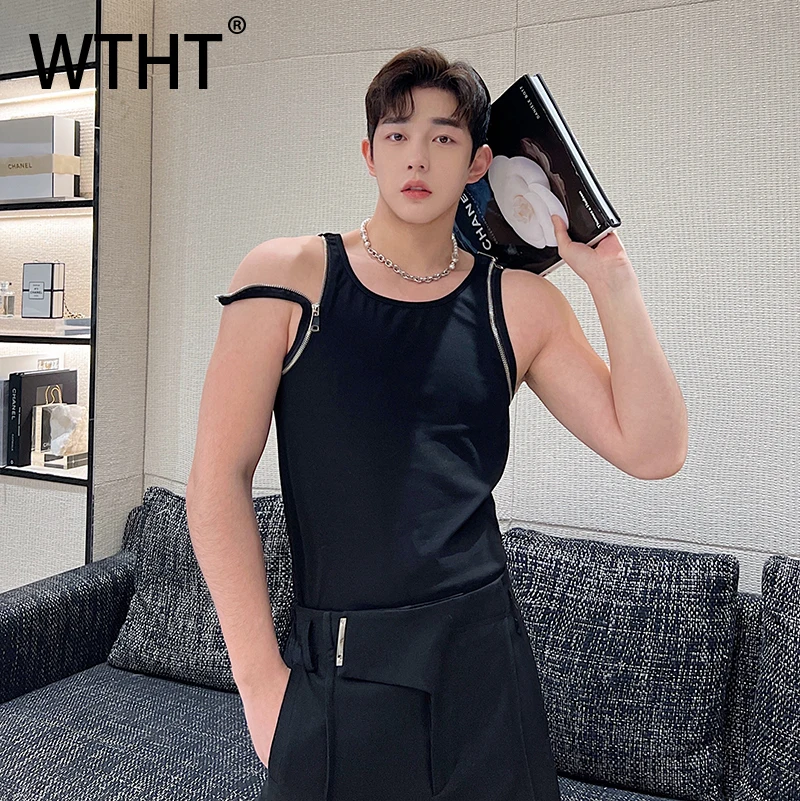 

WTHT Fashion Men's Spliced Deconstruction Zipper Camisole Trendy Solid Color Slim Casual Tank Tops Male 2025 Summer 2A1431