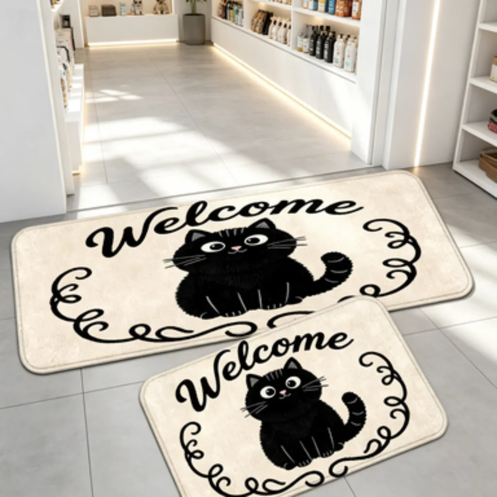 Vintage Floral Welcome Cat Mat, American Entrance Mat, Art Text Welcome Cat Mat, Bunny Animal Welcome Mat, Script Kitten Mat.