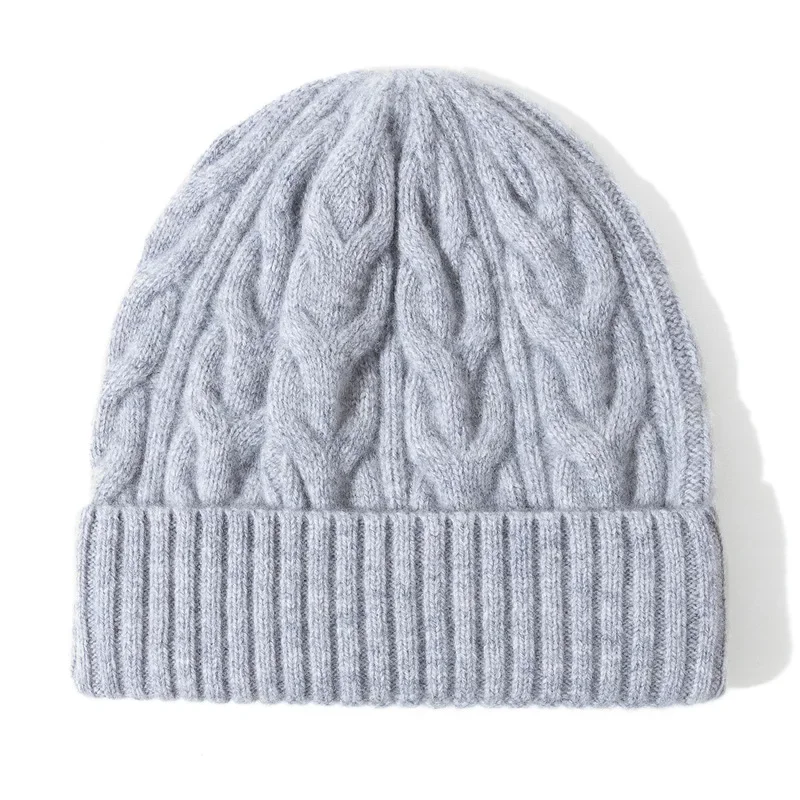 Pure Wool Cable Knit Beanies for Women Winter Hat Unisex Bonnet Cap