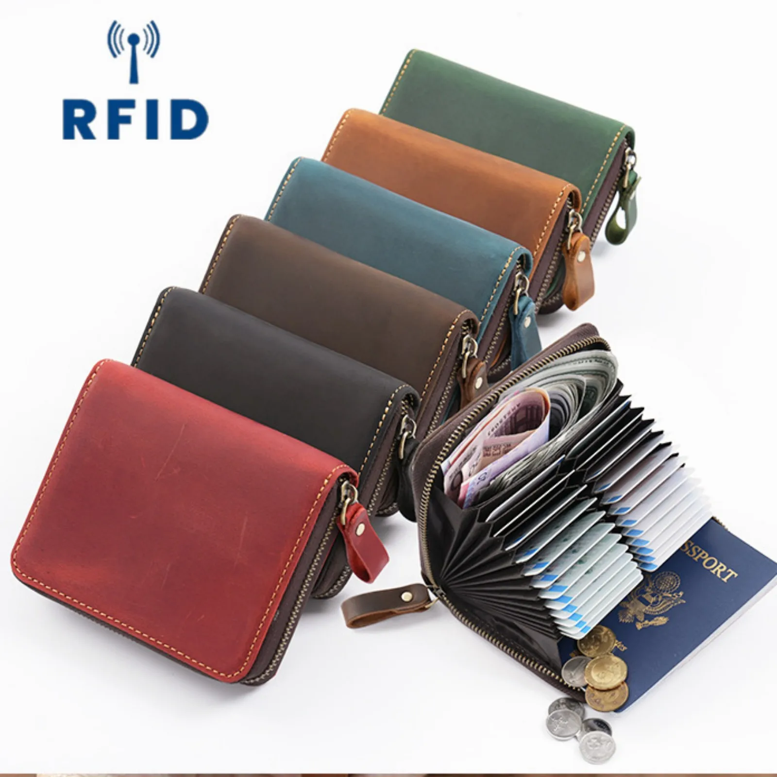 

RFID Blocking Portable Credit Card Wallet with 24 Slots Holder Genuine Leather Small Purse Bag Zipper Card Cases for Men Women