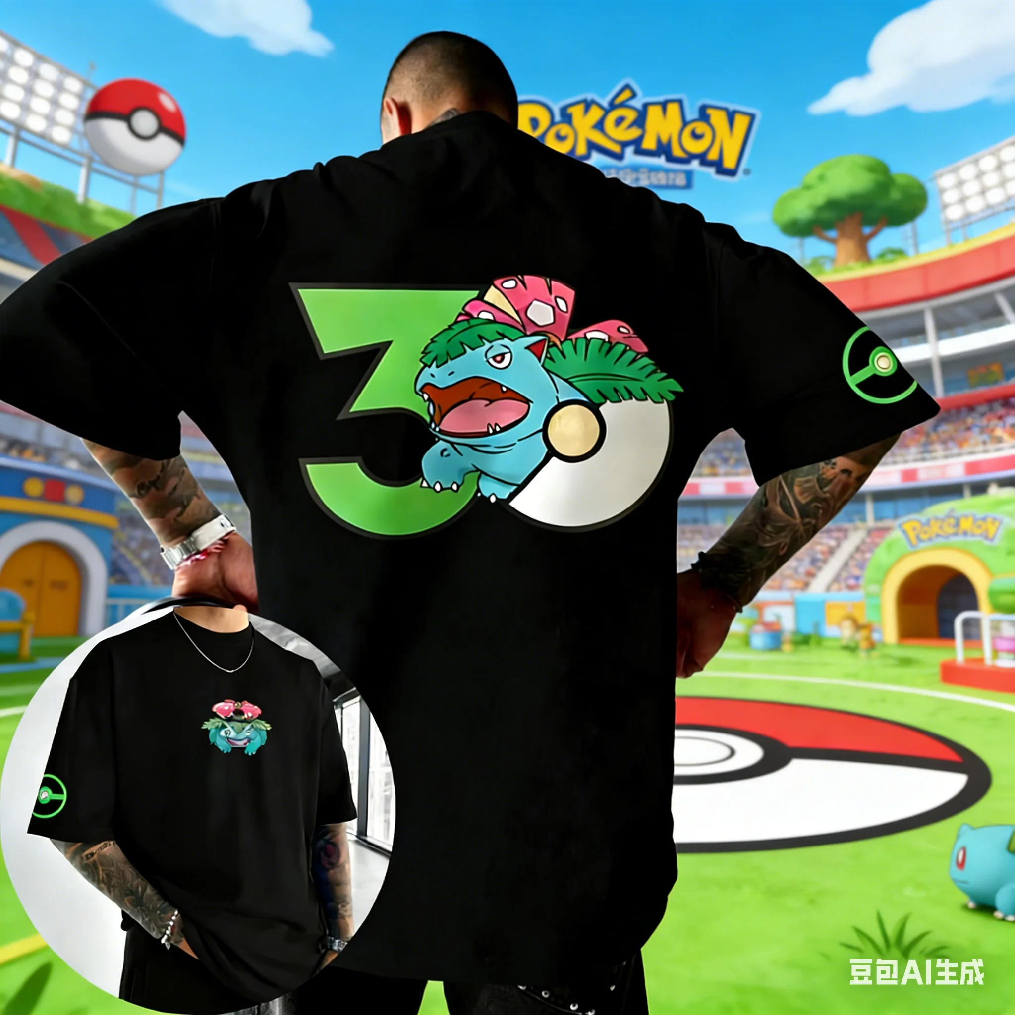 camiseta-com-estampa-do-pokemon-venusaur-do-30º-aniversario-verao-2026-solta-casual-hip-hop-manga-curta