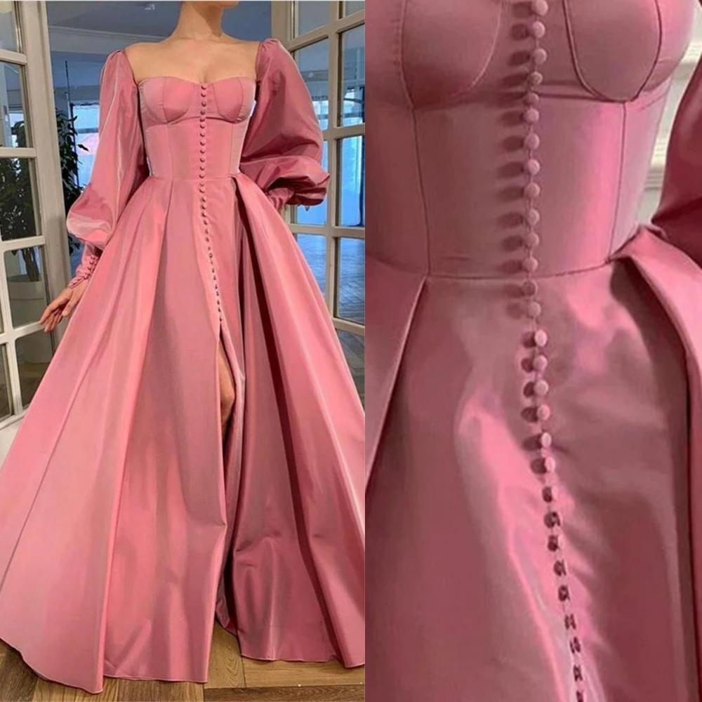 

Prom Dresses with Slit Eleagnt Square Ball Gown Party Dress Floor Length Long Sleeve Button Taffeta Formal Evening Gowns فساتين