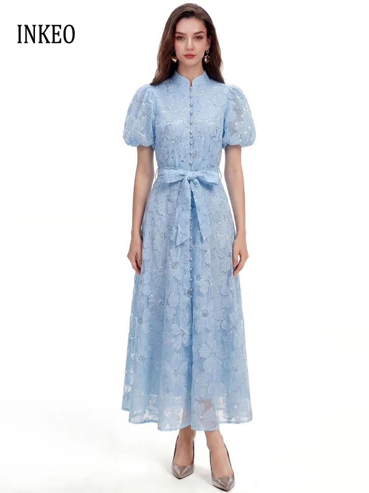 

Evening Sequined floral mesh dress Women's 2026 Summer Elegant Puff sleeve midi dresses Luxury Sashes Vestidos INKEO 6D055