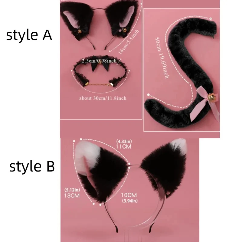 Plush Long Cat Tail with Ribbon Bowknot Bell Plush Furry Cat Ears Headwear White Lace Women Girls Party Cosplay Headwear