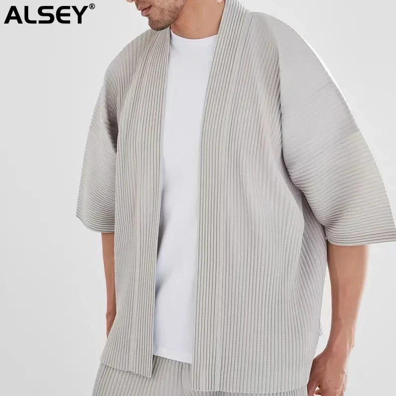 ALSEY Miyake Pleated Men\'s Half Sleeve Cardigan Shirts Summer New Korean Suit Casual Solid Color Casual Plus Size Tops