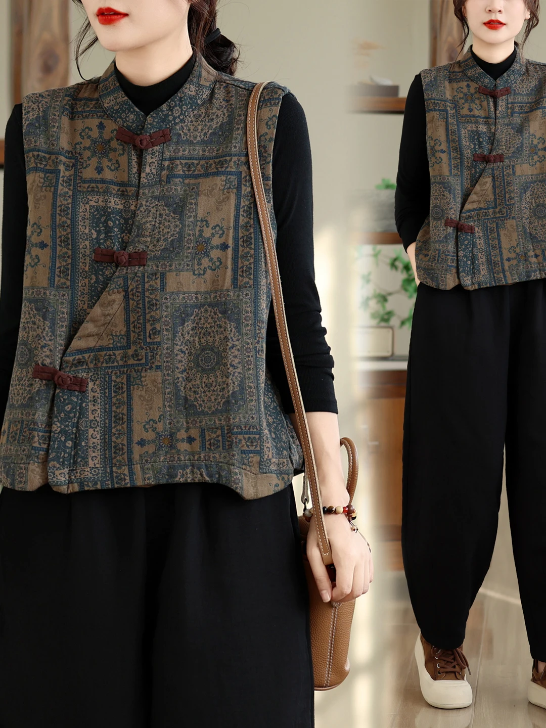 Authentic Chinese Style Sleeveless Printed National Style Button Vest Retro Versatile Fashionable Top Women's Jacket