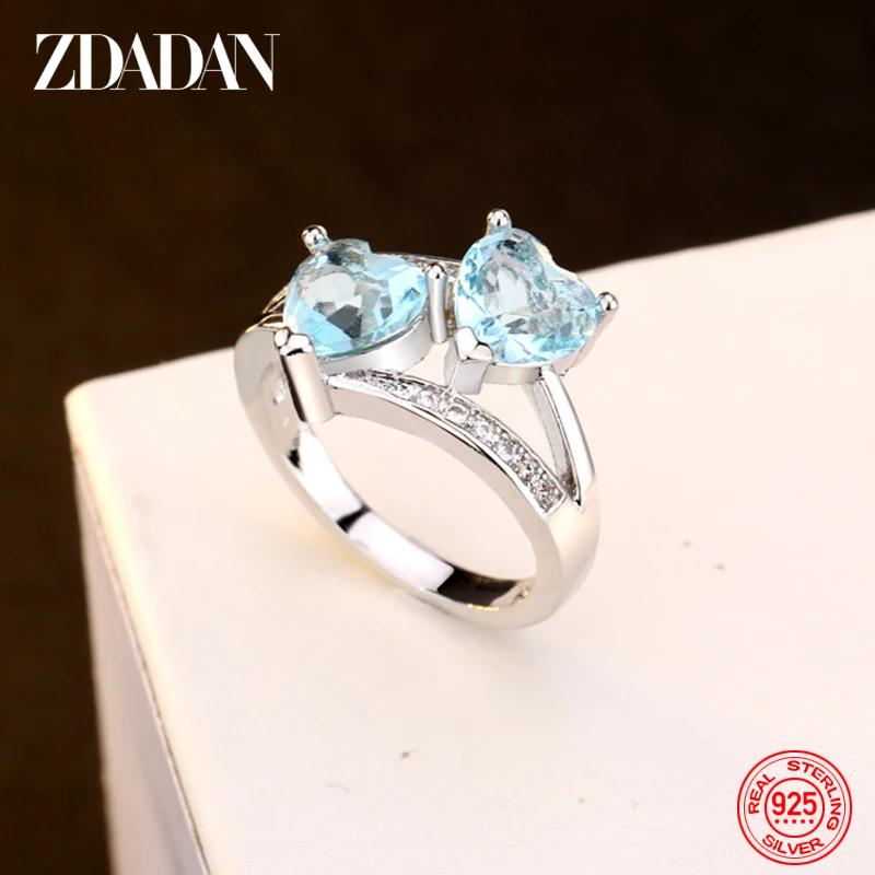 ZDADAN 925 Sterling Silver Charm Heart Aquamarine Ring For Women Fashion Wedding Jewelry Party Gift