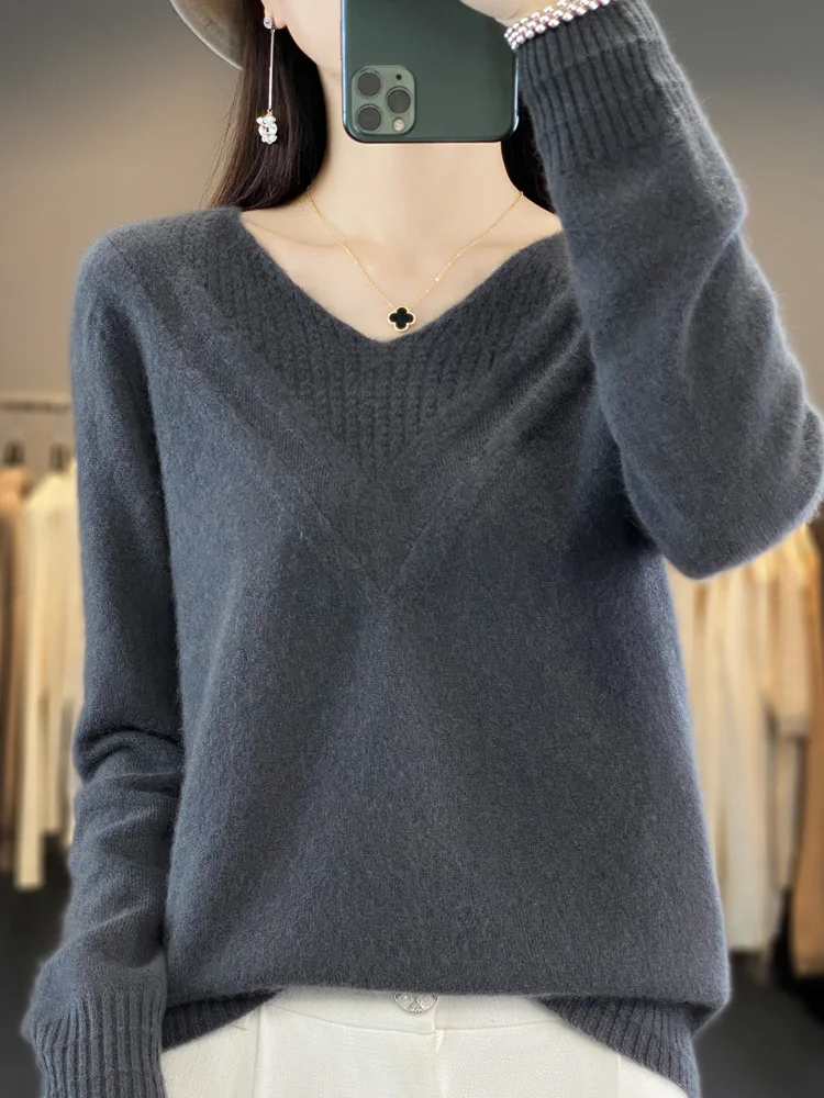 Long Sleeve Women Sweater Autumn Winter V-neck Pullover 100% Merino Wool Bottoming Basic Cashmere Knitwear Clothing Fashion Tops