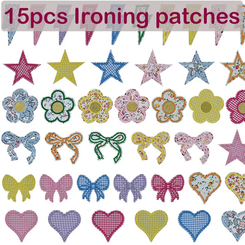 15Pcs Gingham Floral Iron on Patches Star Heart Bow Flower Lightning Embroidery Applique DIY Clothing Jeans Hat Sew-On Badge