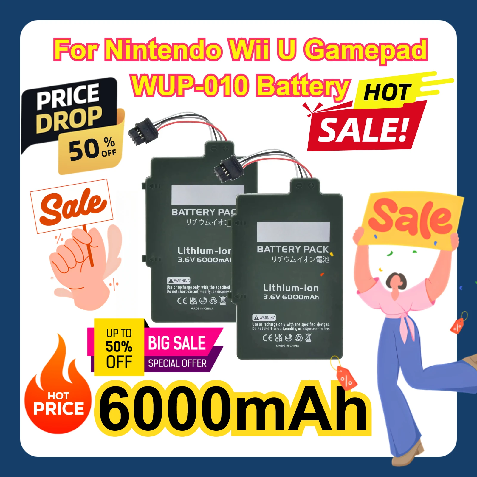 

2pcs For Nintendo Wii U Gamepad WUP-010 Battery 6000mAh Replacement Bateria WUP-001 WUP-012 Battery