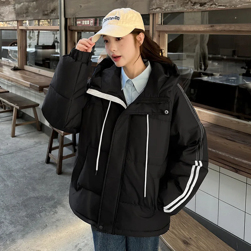 Protection Against Cold Overcoat 2025 New Winter Warm Hooded Stripes Women Cotton Jacket Thick Fashion Women Cotton Jacket