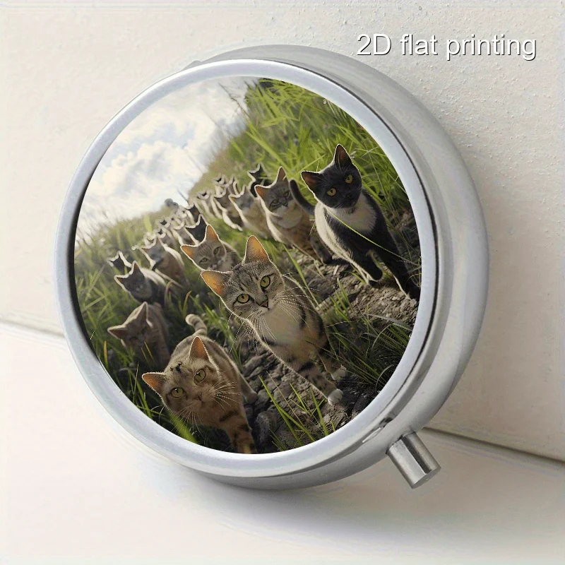 Round Metal Box with Cat Pattern Print, 3-Compartment Metal Box, Mini Portable Metal Box, Suitable for Travel, Outdoor Activities, or as a Portable Metal Case for Wallets or Bags, Decorative Jewelry and Earring Storage Box, Multifunctional Metal Box, Multi-Compartment Storage Box for Vitamins, Organizer Box, Suitable for Home Travel, Sealed and Moisture-Proof, Unique Small Gift Collection Box