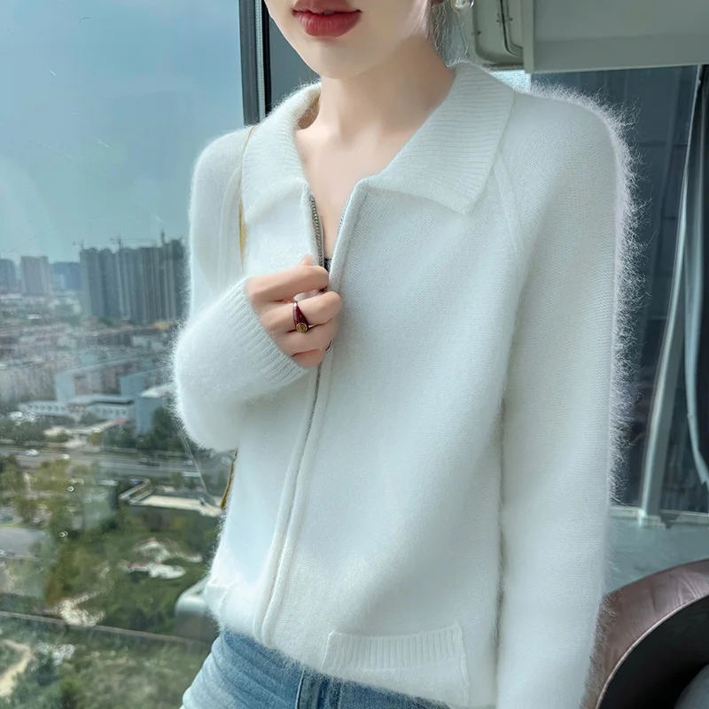 

Женский свободный норковый кашемировый свитер на молнии осенью и зимой, вязаный повседневный кардиган, модный однотонный свитер