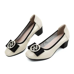 Scarpe da barca da donna con tacco medio di grandi dimensioni décolleté Slip-on con tacco largo comode scarpe da donna muli con fiocco in pelle bianca di lusso 4142