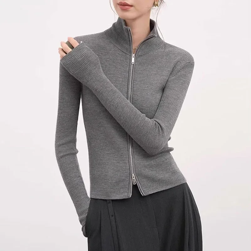 

Вязаный свитер, женские кардиганы, новый черный вязаный свитер с длинным рукавом и воротником-стойкой, кардиган, женские топы, свитера, женская одежда Q933