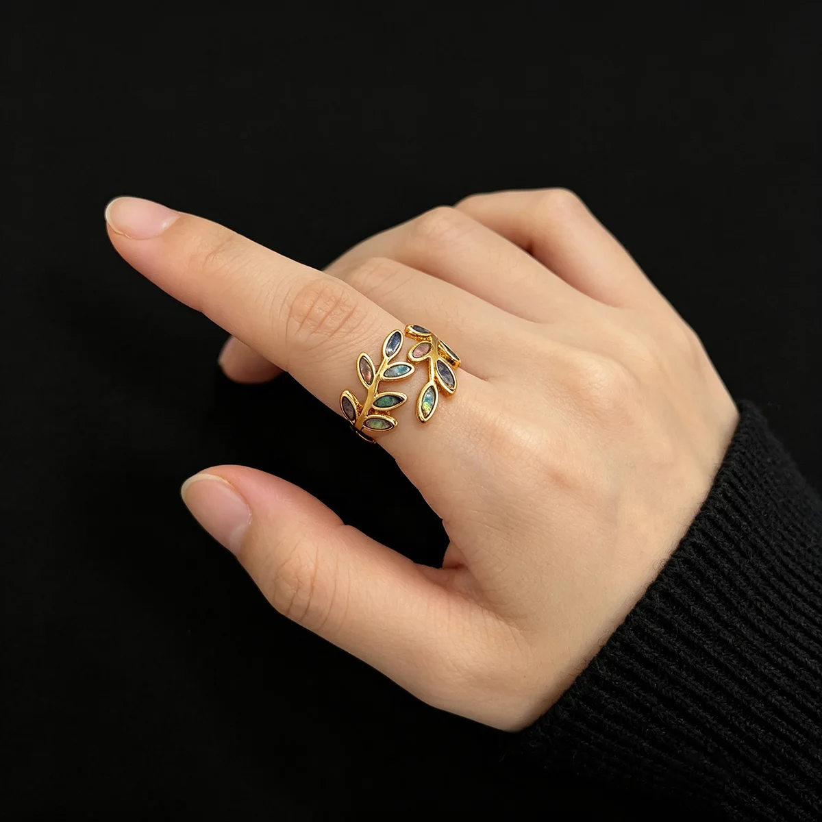 High Quality Irregular Geometric Rings for Women Gold Plated Stainless Steel Leaves Shell-Set Open Adjustable Finger Jewelry