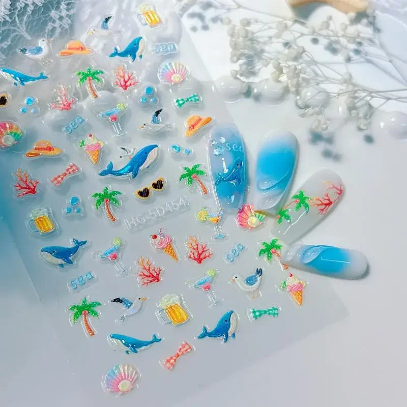Urocze naklejki na paznokcie w stylu oceanicznym 5D, samoprzylepne ozdoby do paznokci z delfinami, naklejki do manicure, akcesoria.