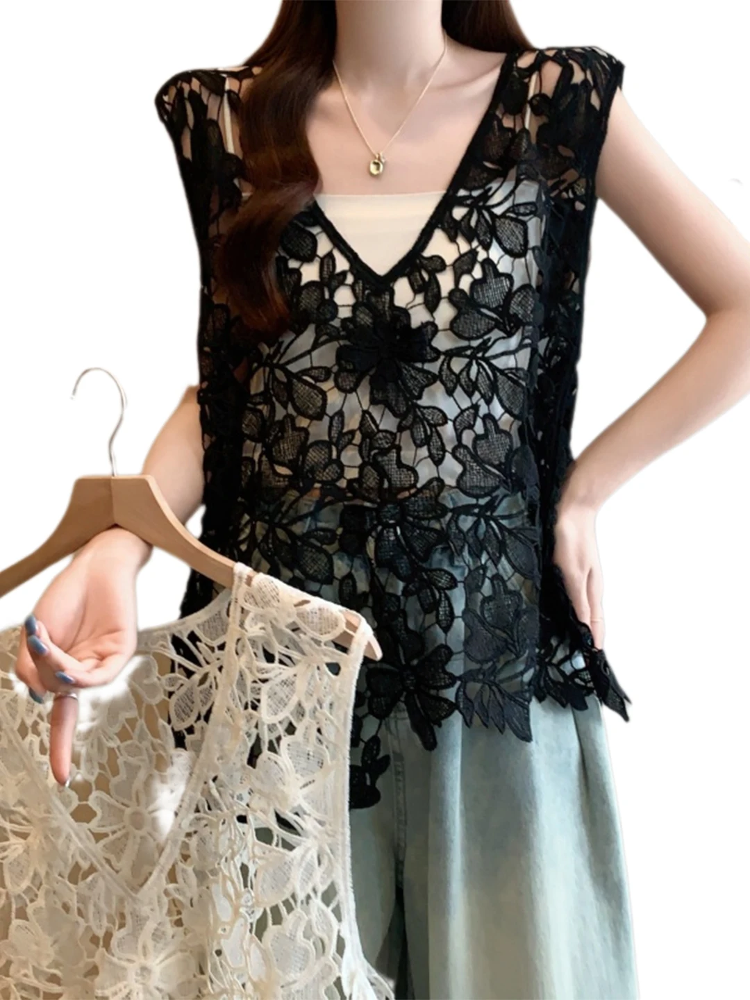 تفريغ الدانتيل هوك تصميم المرأة تانك القمم الصيف فضفاضة حجم كبير طبقات غير النظامية Svel V-Ne تنفس رقيقة