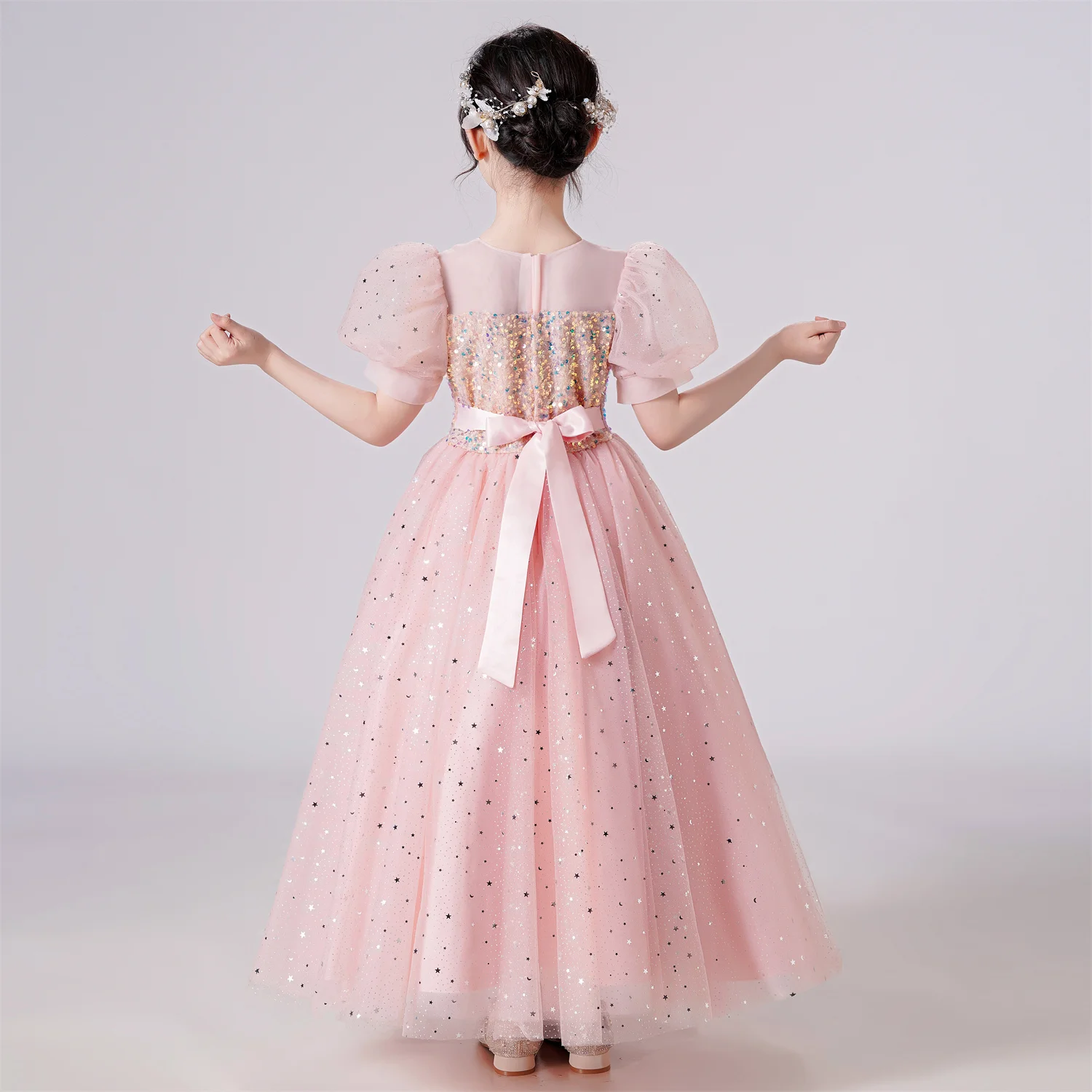 Elegant Party Dress For Girls Puff Sleeve Princess Dress For Wedding Kids Sequin Lace Birthday Communion Formal Evening Gown