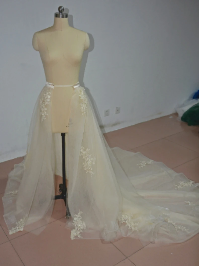 Gaun pengantin tulle 6 lapis, rok Dalaman ukuran kustom, rok applique renda kereta dapat dilepas, gaun pengantin perempuan