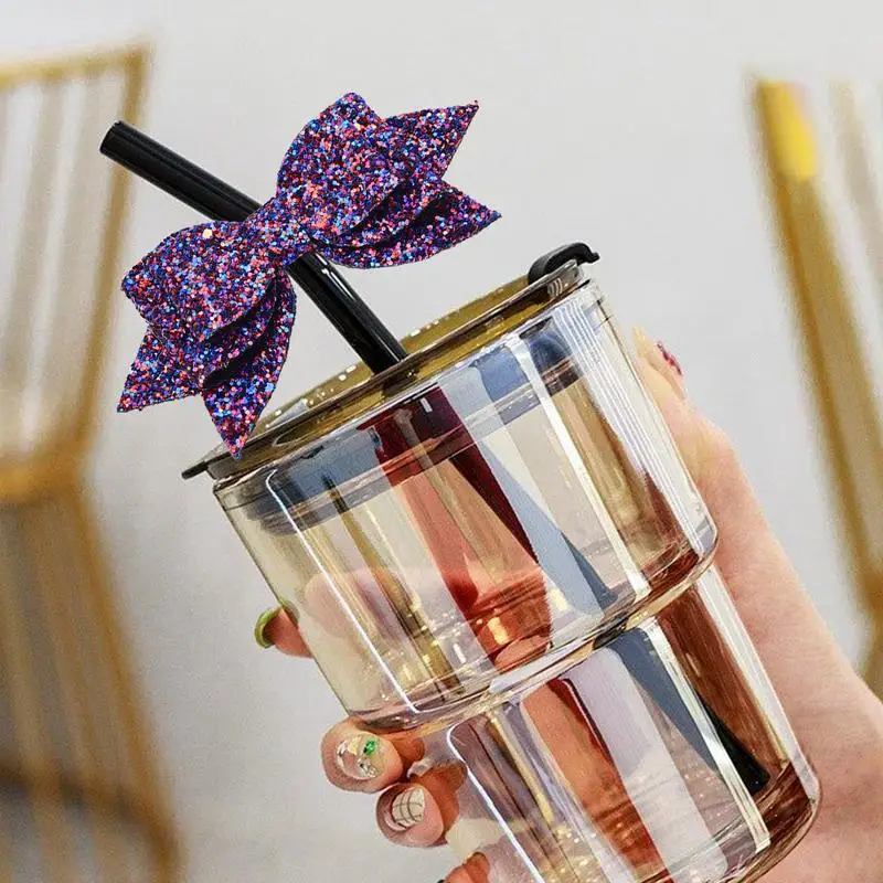 Bow Tie Straw Topper Colorful Straw Decor Bow Straw Topper Cute Sequin Bowknot Accessory For Home Coffee Shop School Traveling