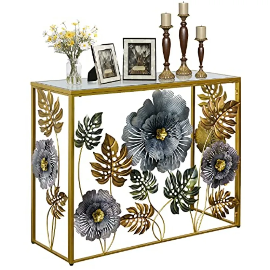 Console Table Vintage Art Sofa Table with Metal Flower Decor rrow Entryway Tables with Glass Mirror Tabletop Behind Sofa rrow A