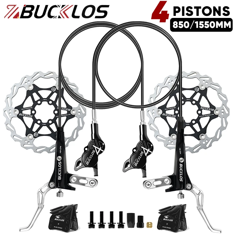 BUCKLOS Bicycle Hydraulic Brake Set 850mm 1550mm 4 Piston MTB Hydraulic Brakes 160MM Floating Rotor Brake Set E-Bike MTB Parts 