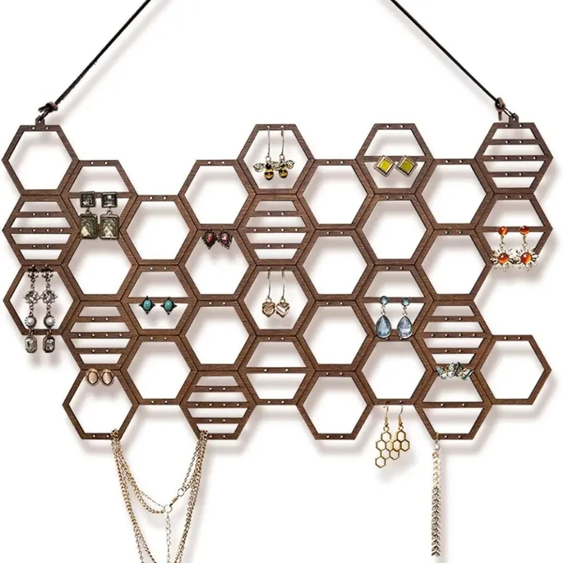 

Honeycomb earring organizer, wall mounted earring display rack, wooden hanging jewelry organizer for studs, necklaces