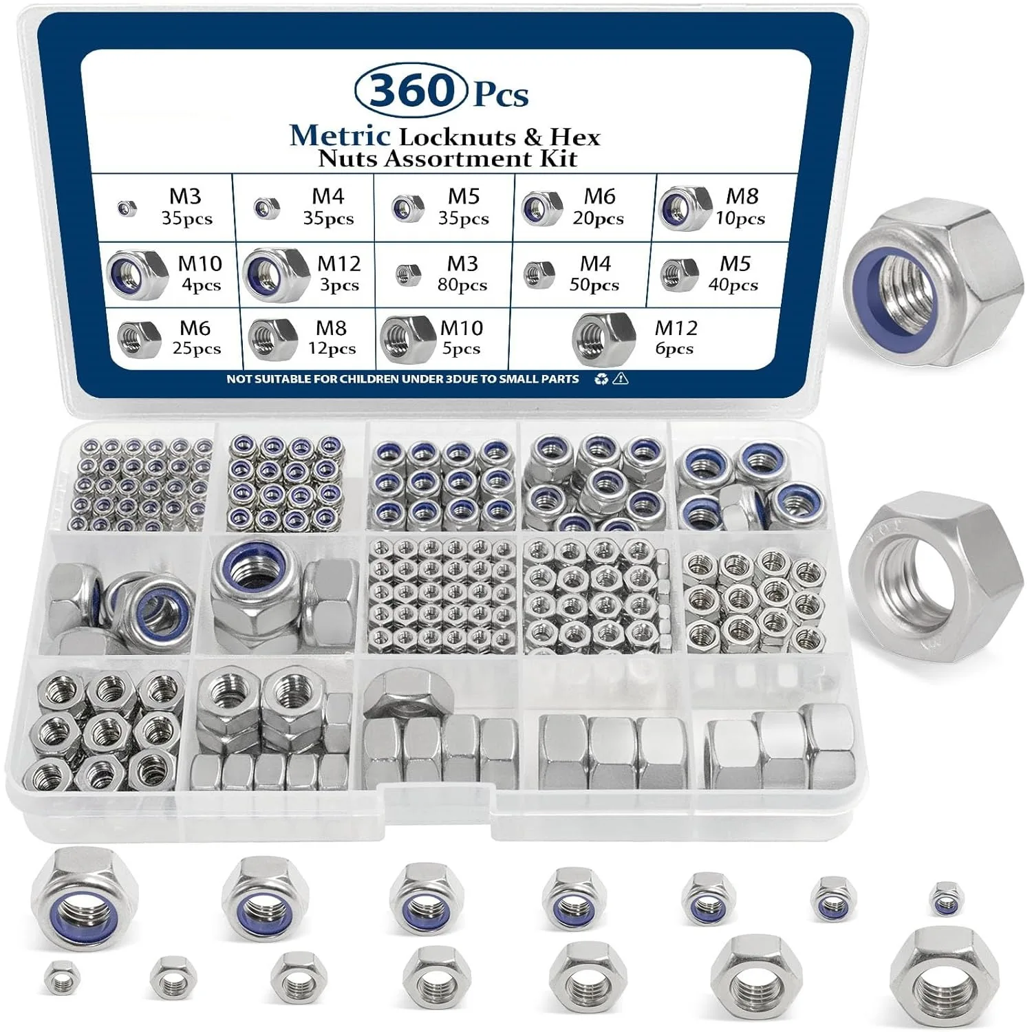 360Pcs 304 Stainless Steel Metric Hex Nuts and Lock Nuts Assortment Kit M3 M4 M5 M6 M8 M10 M12 Combo Set