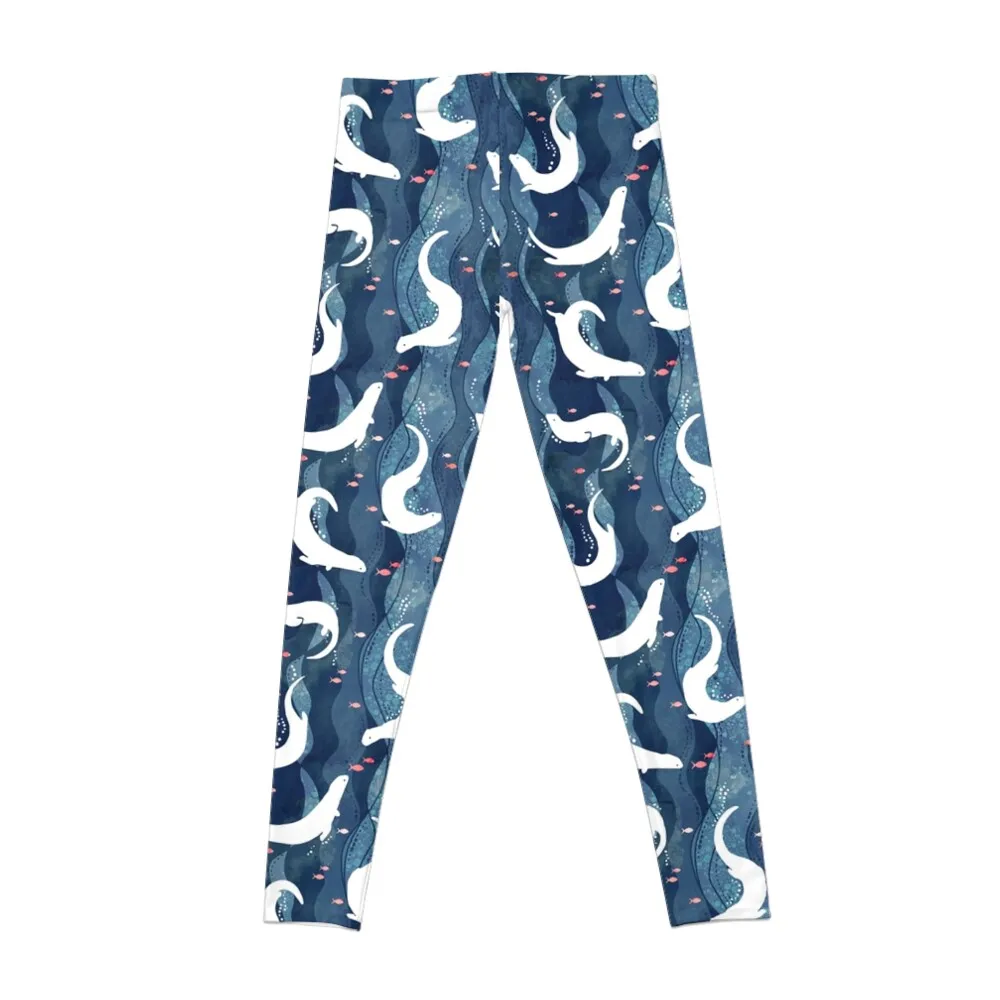 Swimming otters on navy blue Leggings sports for gym Legging sport trousers Womens Leggings