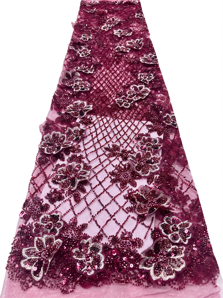 

Red 3D Flower Beaded Mesh Lace Sequins Embroidered Lace Fabric for Wedding Dress Clothing Design Diy Cloth Sewing Material