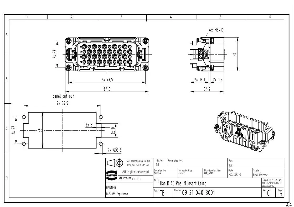 09210403001 HARTING HAN 40 Pin Male Connector