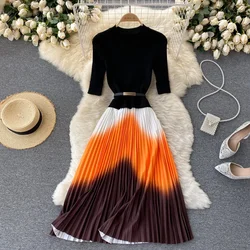 Elegant Fake Two-piece O-neck Basics Knit Spliced Slim Sashes Chic Autumn Women High Street Evening Gradient Pleated Dresses