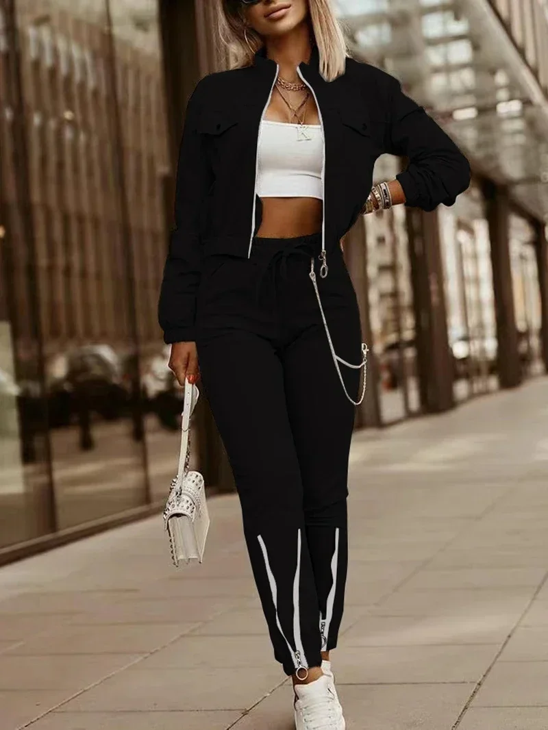 Streetwear 2 Piece Sets Women Outfit Spring Clothing Solid Zip Fly Jacket Crop Top and Pants Sets Tracksuit Women Two Piece Set